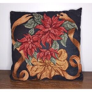 Vtg Christmas Tapestry Throw Pillow Holiday Gold Bow Poinsettia Scene Decorative
